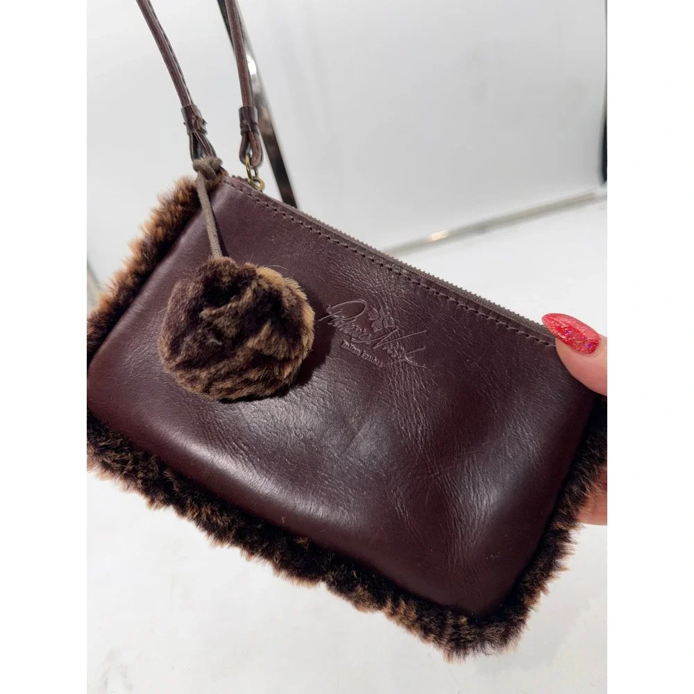 Patricia Nash Brown Italian Leather Faux Fur Trim Wristlet Pouch Pom Pom Charm